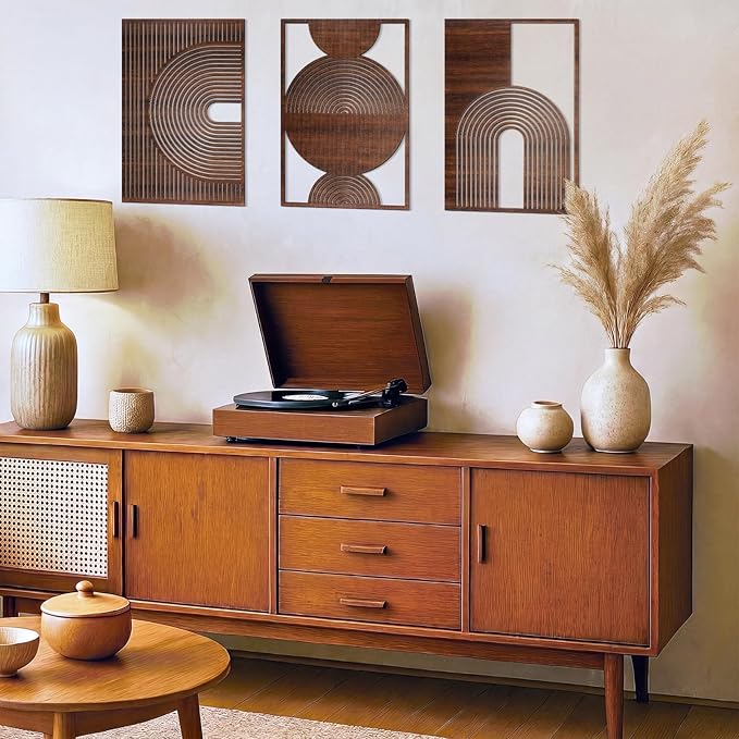 Yerliker 3 Pcs Mid Century Modern Wood Wall Art Decorations 3D Geometric Abstract Wall Sculpture for Living Room Bedroom Office Minimalist Aesthetic(Mid-century,15.75 x 15.75 x 1.97 Inch)