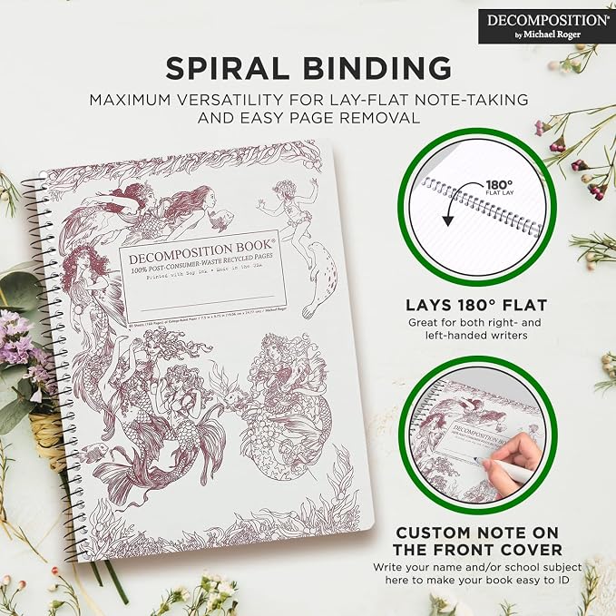 Decomposition Mermaids College Ruled Spiral Notebook - 9.75 x 7.5 Journal with 160 Lined Pages - 100% Recycled Paper - Cute Notebooks for School Supplies, Home & Office - Made in USA