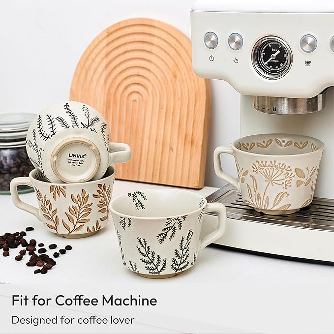 Ceramic Coffee Mug, 11 oz Small Novelty Unique Teacup with Handle, Stoneware Cup for Tea Mocha Latte Cappuccino (Set of 2, Ivy and Leaf)