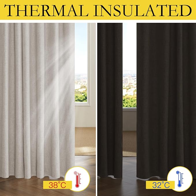NICETOWN Brich Vintage Open Linen Weave Flax Thermal Curtains, 100% Blackout Curtains 84 inches Long for Dining Room, 52" Wide Per Panel, Set of 2, Soundproof Window Treatment Drapes for Hall Room