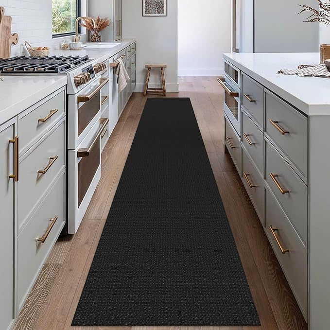 EARTHALL Woven Runner Rug 2x12 Ft Washable Runners for Hallways Extra Long Cotton Non Slip Rubber Backed Kitchen Runner Braided Indoor Floor Carpet for Entryway, Hall, Kitchen, Black/Grey