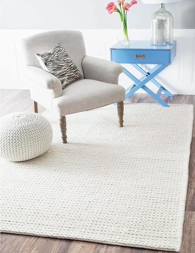 FRELISH DECOR Wool Cotton Area Rug for Living Room and Bedroom, 5'x8' Handwoven Braided Chunky Knit Cable Rugs, Farmhouse Contemporary Area Rug: Wool Ivory Premium
