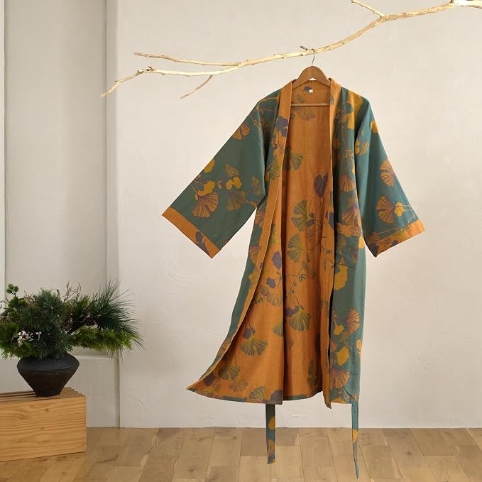 100% Cotton Gauze Ginkgo Leaf Kimono Robe, Long Knit Loose Bathrobe Nightgown Ladies Loungewear Sleepwear for Women