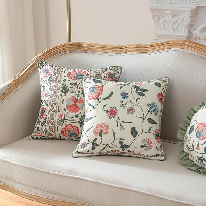 ISAENNE Design Square Retro Elegance Linen Throw Pillow Covers 18"x18" Pack of 2, Green Pink Floral Pattern Cushion Covers Decor Pillowcases for Bed,Living Room,Outdoor,Car