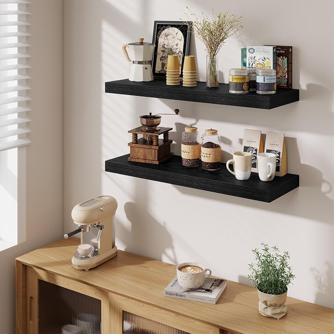 Fun Memories Floating Shelves for Wall, 32 Inch Long Floating Shelves Set of 3, 32 x 10 Wooden Shelves for Wall, Large Storage Shelves, Hanging Shelves for Bathroom Kitchen Bedroom, Black