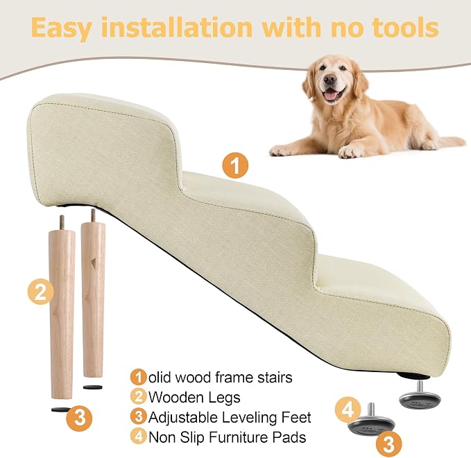 3-Step 15.7" H Dog Stairs for Bed Couch, Waterproof & Scratch PU Leather Pet Steps for Small Dogs and Cats, Dog Ramp with 220 lbs Maximum, Oak Leg & Solid Wood, Non-Slip Feet,Cream