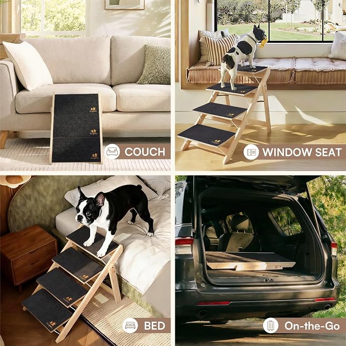 Luciphia Wooden 2-in-1 Dog Stairs, 4-Step Foldable Anti-Slip Pet Steps
