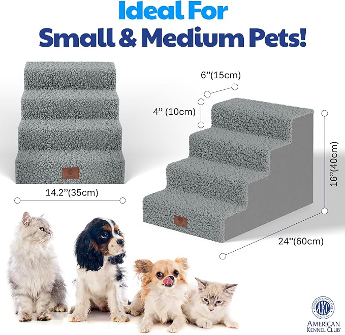 AKC – 4-Step Pet Stairs for Beds & Couch | Built for Small Dogs & Small Breeds | Long-Back & Senior Dogs | Lightweight, Soft, Non-Slip, Washable | No-Tool Assembly | Supports 35 lbs | 16x24x14.2 in
