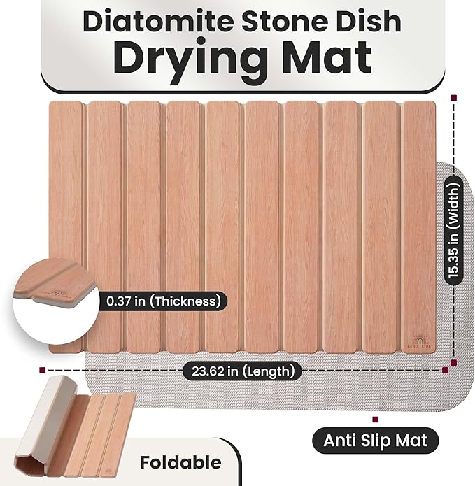Large Stone Dish Drying Mat For Kitchen Counter | Non-Slip, Super Absorbent Diatomaceous Dish Dry Matt | Rollable Stone Drying Mat For Kitchen Counter, Heat-Resistant, Easy to Clean, Light Oak Color