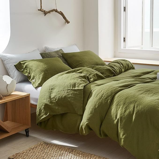 Simple&Opulence 100% Linen Duvet Cover Set 3pcs with Coconut Button Closure Natural French Washed Flax Solid Color Soft Breathable Farmhouse Bedding - Olive Green, King Size