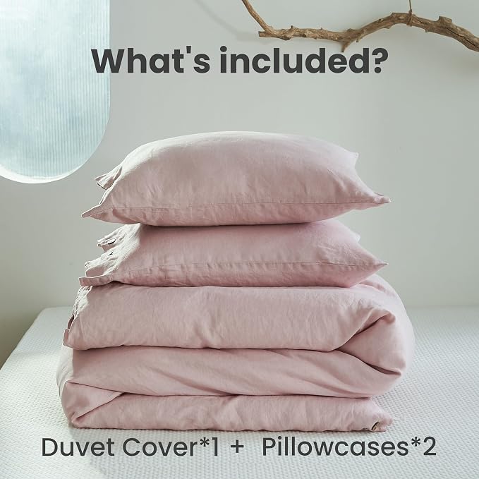 Simple&Opulence 100% Linen Duvet Cover Set 3pcs with Coconut Button Closure Natural French Washed Flax Solid Color Soft Breathable Farmhouse Bedding - Blush Pink, Queen Size