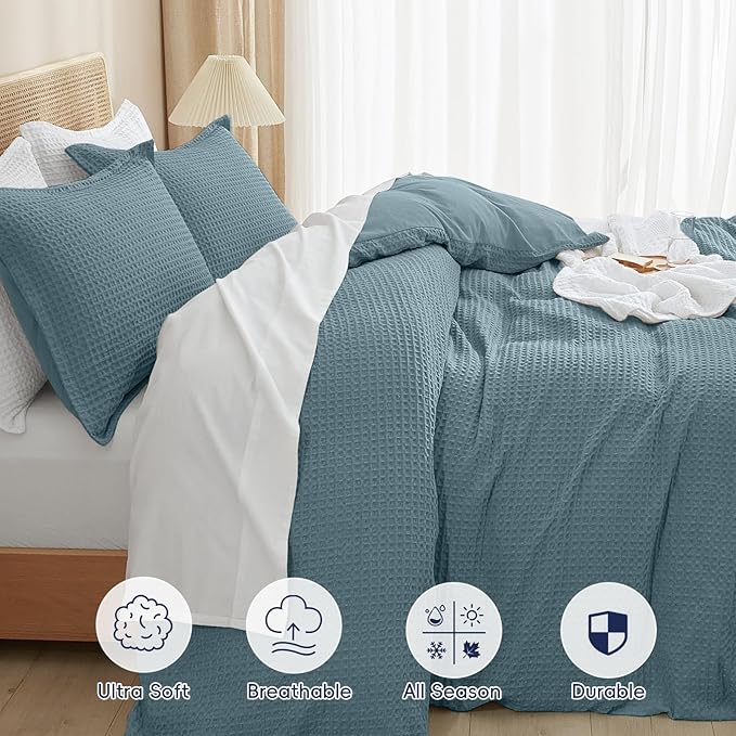PHF Waffle Duvet Cover Set Queen Size, No Snagging Ultra Soft Luxury Textured Breathable Comforter Cover for All Season 3pcs, Durable Bedding Duvet Set with 2 Pillow Shams, 90"x90", Stormy Blue