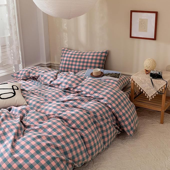 mixinni Plaid Duvet Cover Set Queen Purple - Soft Washed Cotton Modern Geometric Bedding Set with 2 Pillowcases, Pink Blue Gingham Grid Queen Duvet Cover for Men & Women, Soft & Lightweight