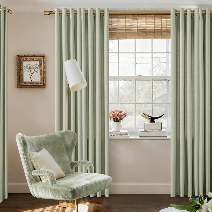 92 Inch Semi Sheer Curtains for Bedroom Bronze Grommet Flax Linen Privacy Non See Through Drapes Gray Green Boho Neutral Cottagecore Modern Bay Window Curtains 92 Inches Long for Living Room