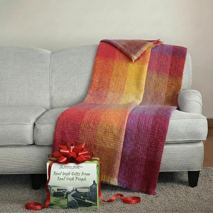Biddy Murphy Ultra Soft Irish Mohair & Wool Throw Blanket, Made in Ireland, 54"x72", Pink Yellow Purple Multi Mix