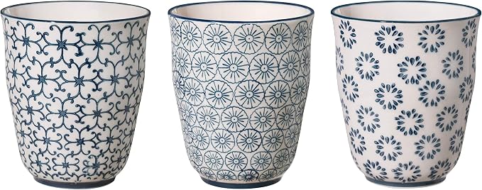 Bloomingville Ceramic Cups without Handle Kristina - colorful Mugs for Coffee Tea Cappucino Dia 3.5'' H 4'', blue, Stoneware, Set of 3 Styles, content 10.5 fl oz