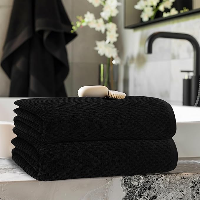 COTTON CRAFT Oversized Waffle Bath Sheets - 2 Pack Big & Tall 32 x 89 Luxury Euro Spa Waffle Weave Bath Sheet Towels - 100% Ringspun Cotton 450 GSM XXL Absorbent Quick Dry Shower Spa Towel - Black