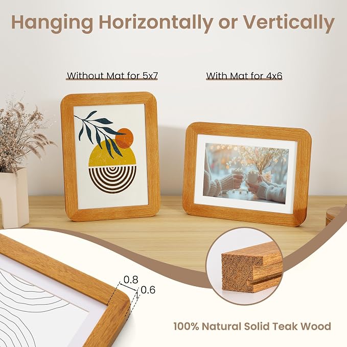 Fun Memories 5x7 Picture Frame - Solid Teak Wood Frame, 5x7 Photo Frame with Mat for 4x6, 5 By 7 Picture Frame with Tempered Glass & Rounded Corners, Tabletop and Wall Display, Natural Teak