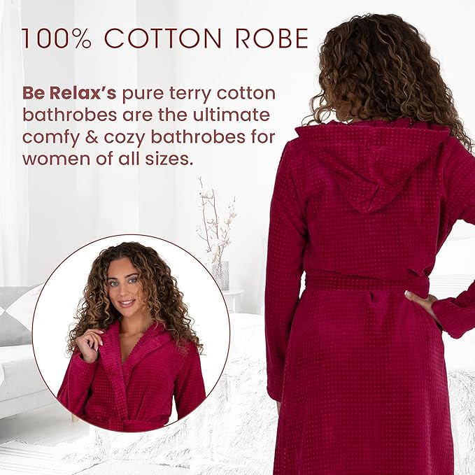 Be Relax Bathrobe for Women - Full Length Terry Cotton Robe with Shawl Collar and Hood, Warm and Cozy Robe with Belt & Pocket