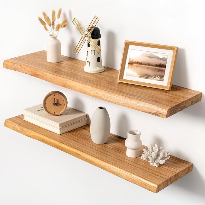 36" Live Edge Floating Shelves, Solid Elm Wood Shelf, Set of 2 | 1.4"Extra Thick, 9.3" Deep Heavy Duty Storage, Artisan Natural Finish for Kitchen, Coffee Bar & Living Room