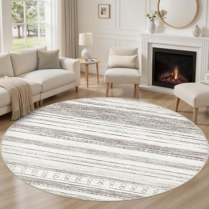 Tortania 8' Round Area Rug Living Room Rugs - Washable Large Soft Neutral Boho Moroccan Bohemian Farmhouse Rug Indoor Floor Carpet for Bedroom Under Dining Table Home Office Decor - Cream/Brown