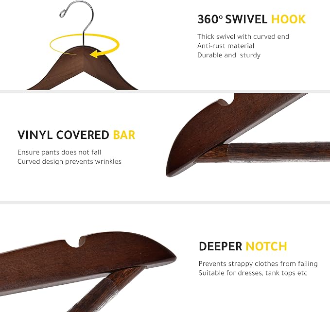 Quality Wooden Hangers - Slightly Curved Hanger 20 Pack Sets - Solid Wood Coat Hangers with Stylish Chrome Hooks - Heavy-Duty Clothes, Jacket, Shirt, Pants, Suit Hangers (Walnut/Retro, 20)