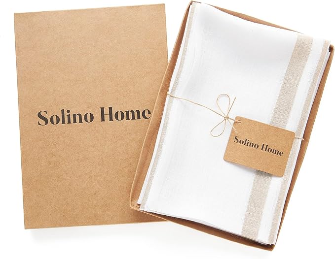 Solino Home Striped Linen Dinner Napkins Set of 4-100% Pure Linen Natural and White Cloth Napkins 20 x 20 Inch for Summer - French Stripe, Handcrafted and Machine Washable