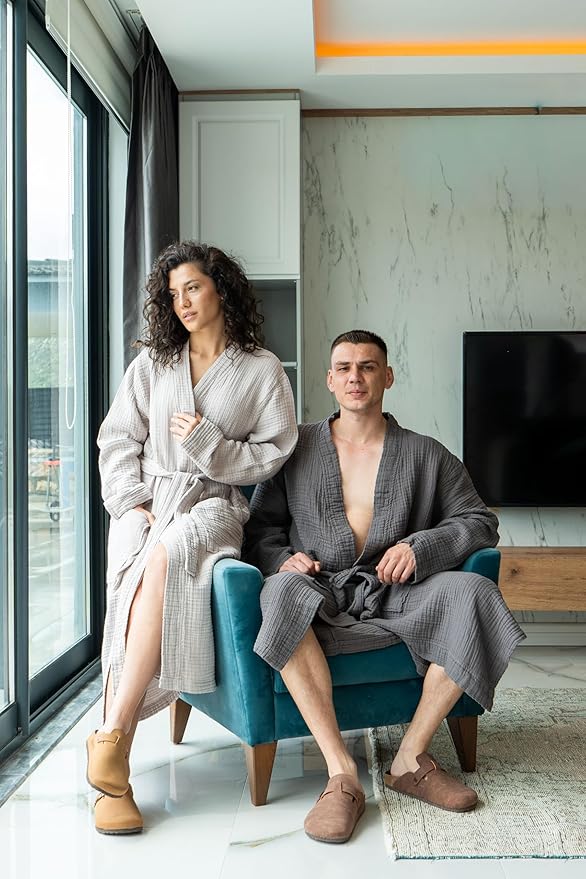 Muslin Unisex Bathrobe Women & Men, 100% Cotton Kimono Lightweight Robe | Long Robes Soft, Absorbent, Spa robes