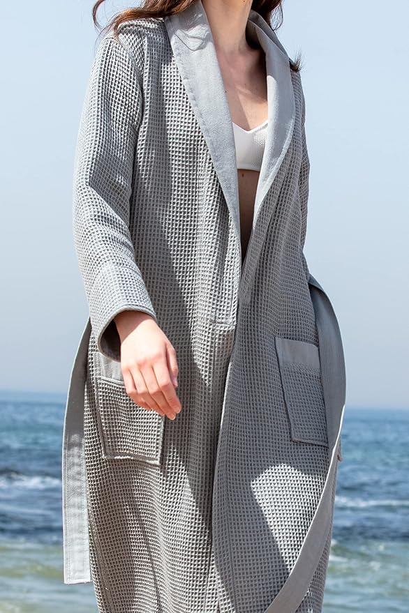 SEYANTE Women's Organic Cotton Waffle Kimono, Hooded Robe – GOTS Certified Lightweight Full-Length Spa Bathrobe with Piping