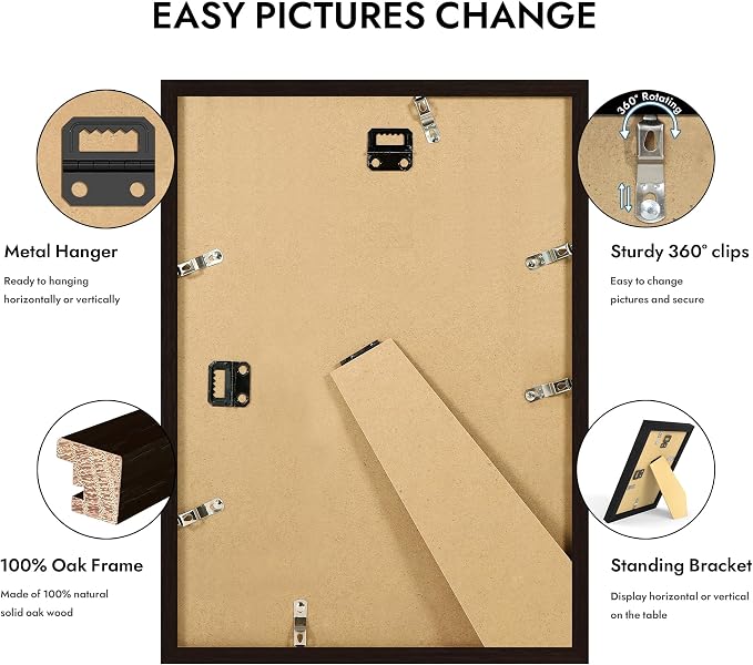 Hongkee 10x14 Oak Wood Picture Frame 1 Pack(Matted 8x12), Real Glass Cover | Black, 10 x 14 Solid Wood Frame for Wall or Tabletop Display - Includes Easel Back, Vertical Hang - Ideal for Home, Office
