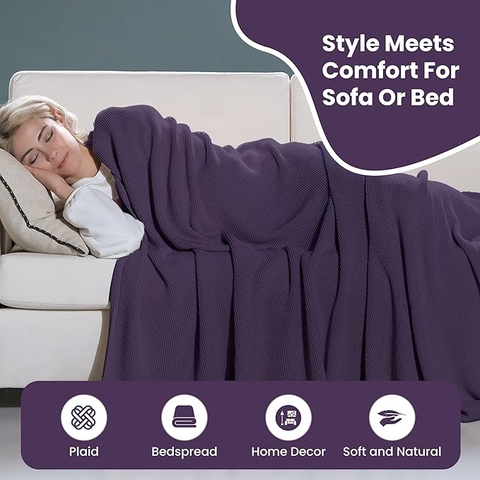 Dalisa 100% Organic Turkish Cotton Throw Blanket - GOTS Certified, Cozy - Perfect for Couch, Bed, and Home Decor - Boho Vintage Knit Alina (Sweet Grape, 50x60)