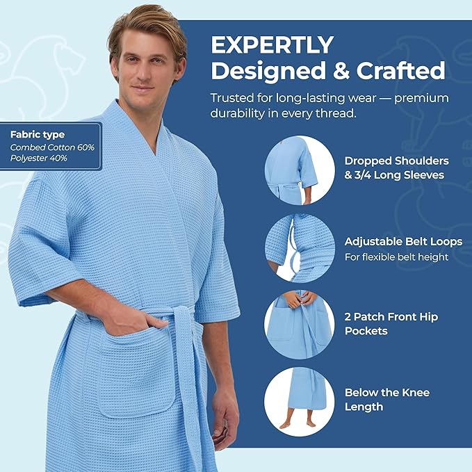 MONARCH Unisex Square Waffle Spa Kimono Robe – Soft Lightweight Fabric & Generously Sized Hotel & Spa Robe with Pockets