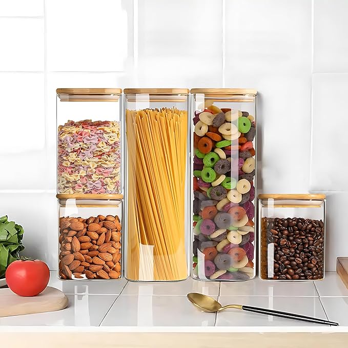 YMMIND Glass Food Storage Jars Set of 3 with Bamboo Lid Airtight Glass Storage Canister, Square Kitchen Clear Food Storage Container Jar, for Pasta, Coffee, Cookies, Nuts, Cereal, Oats, Flour