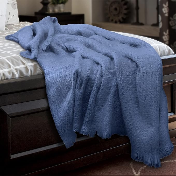 Biddy Muprhy Ultra Soft Irish Mohair & Wool Throw Blanket, Made in Ireland, 54"x72", Solid Blue