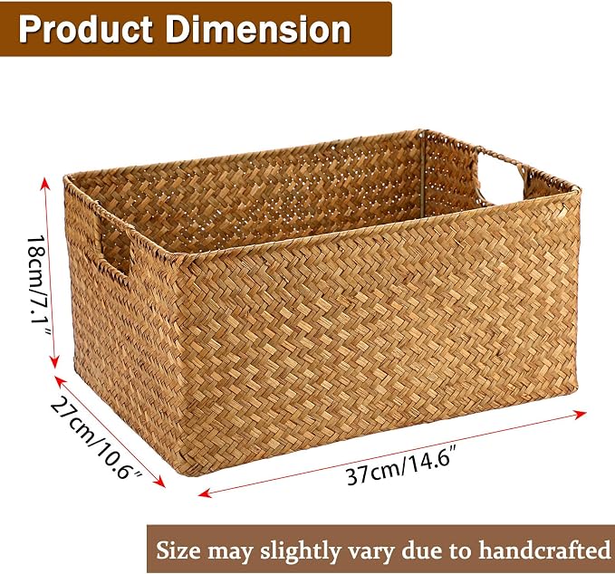 Hipiwe Seagrass Storage Baskets Bin for Shelf Handwoven Wicker Baskets Built-in Handles Rectangular Closet Bedroom Organizer Box Multipurpose Woven Basket Bins,14.6"x 10.6"x 7.1"