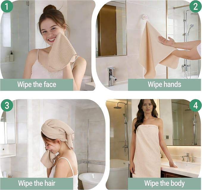 MICROFI Waffle Weave Bath Towel Set, Microfiber, 4 Pieces (Body/Hair/Hand/Face), Quick Dry, Lightweight, Super Absorbent, Lint Free, 380 GSM (Champagne)
