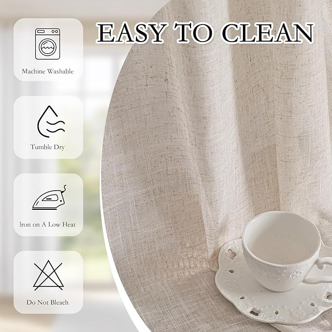 MYSKY HOME Natural Linen Curtains for Kitchen Window Half Sheer Drapes 45 Inches Long, Farmhouse Style Linen Polyester Blend Fabric, Decorative Texture for Bathroom Closet Cafe, 50" x 45", 2 Pieces