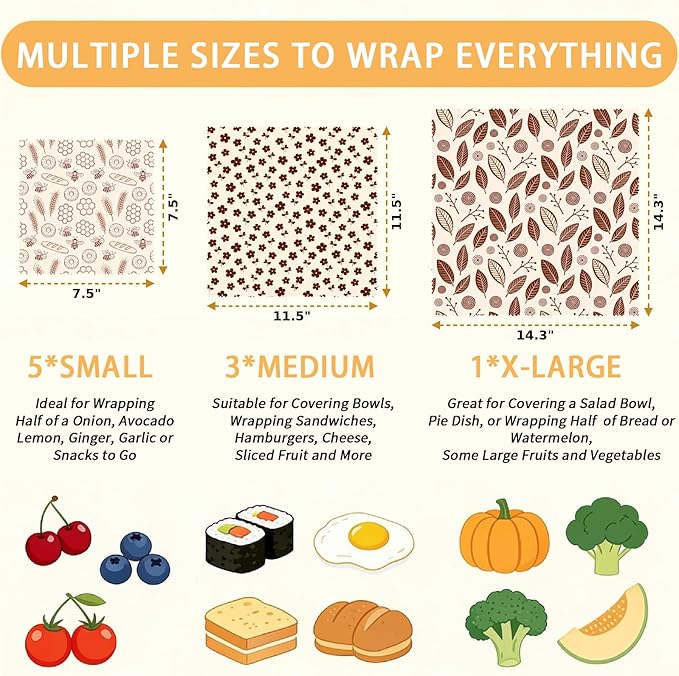 Reusable Beeswax Wraps, 9 Pack Eco-Friendly Food Storage, Organic Cotton Sandwich, Snack, Bowl Covers, Zero Waste, Plastic-Free, Sustainable, 1XL, 3M, 5S (Leaves, Flowers, Bees)
