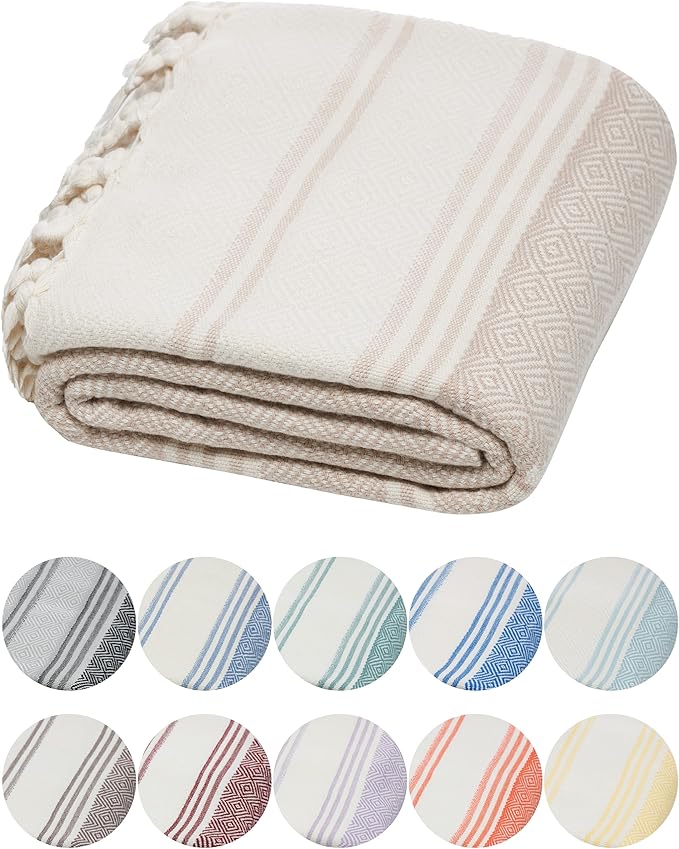 DEMMEX Organic Diamond Turkish Bath & Beach Towel | 100% Oeko-TEX Certified Turkish Cotton, Ultra-Soft, Quick-Dry, Lightweight, Compact & Oversized Luxury Peshtemal Towel, Prewashed, 71"x36", Beige
