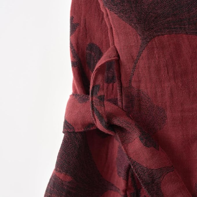 100% Cotton Gauze Ginkgo Leaf Kimono Robe, Long Knit Loose Bathrobe Nightgown Ladies Loungewear Sleepwear for Women