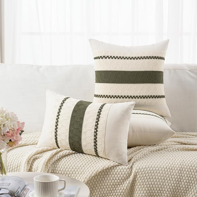 Fancy Homi Set of 2 Boho Olive Green Long Lumbar Decorative Throw Pillow Cover 12x24 Inch for Couch Bed Sofa Chair, Modern Organic Farmhouse Home Decor, Soft Cotton Cute Accent Rectangle Cushion Case