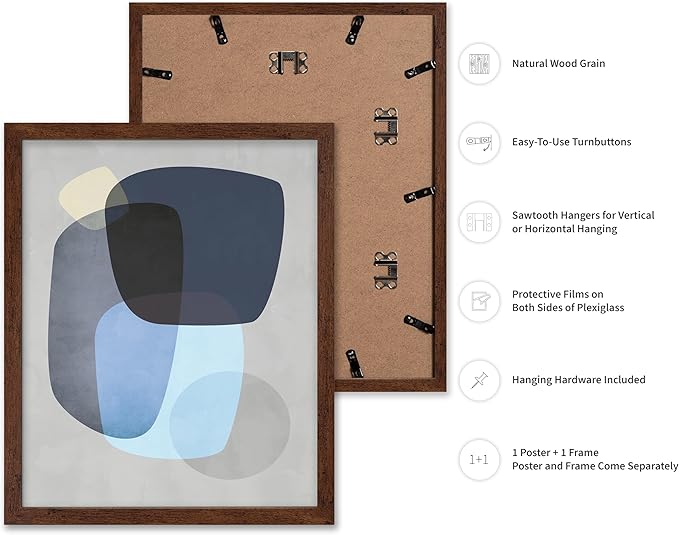 Monem Art Abstract Blue Shapes Print - Scandinavian Minimalist Art Poster - Wall Decor for Living Room, Bedroom or Office - 8x10 Brown Framed Wall Art by Mareike Bohmer