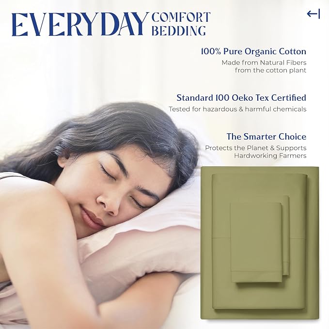 Mayfair Linen 100% Organic Cotton Sheets California King Size - 4 PC Organic Cotton Cal King Size Percale Weave Sheet Set, Soft, Cooling & Crisp, 16" Deep Pocket Hotel Quality Bedding Set - Sage Green