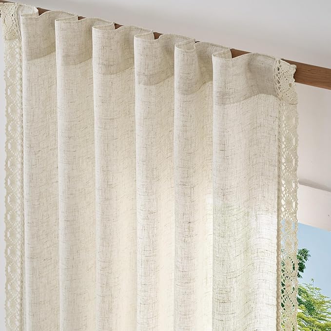 jinchan Linen Curtains for Living Room Bedroom Light Filtering Semi Sheer Curtains Boho Farmhouse French Country Cottage Core Decor Window Drapes Back Tab 108 Inch Length Laced Beige