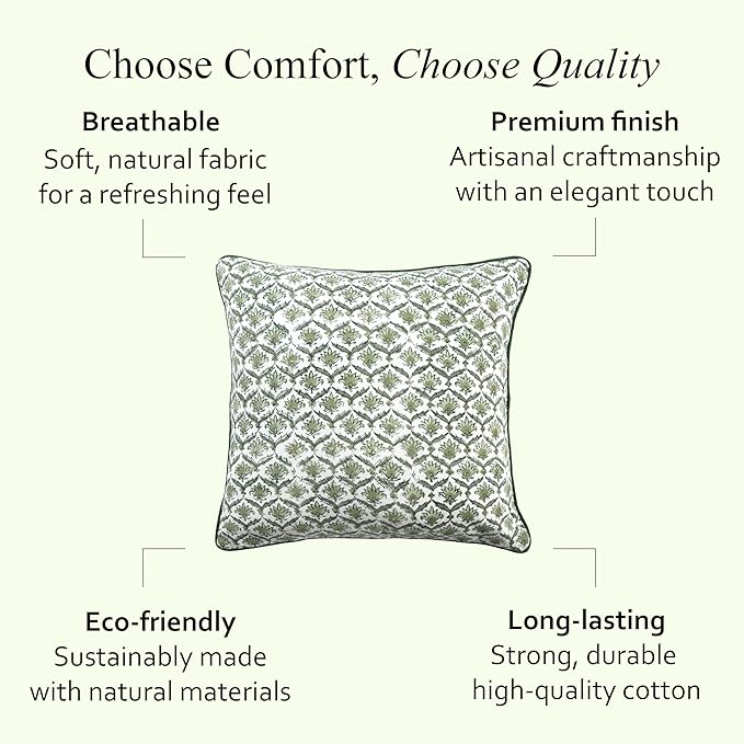 CPC Moss Green Block Print Throw Cushion Cover 24 x 24 Inch Set 2 - Decorative Boho Floral Pillow Case for Living Room, Bed, Sofa, Couch, Home Decor Cushion Cover Gift for Spring, Mother's Day