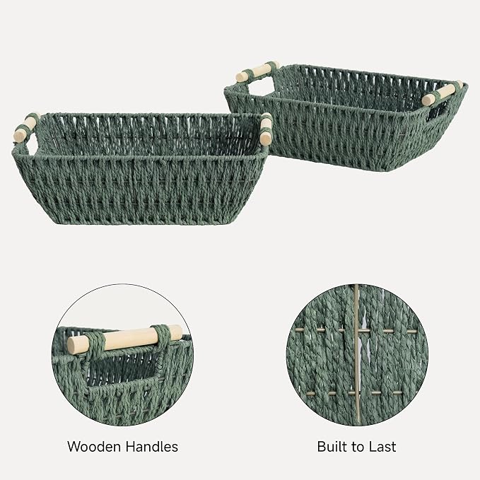 StorageWorks Large Wicker Storage Basket for Organizing with Wooden Handles, Toilet Paper Baskets for Bathroom, Bosana Green, 2-Pack