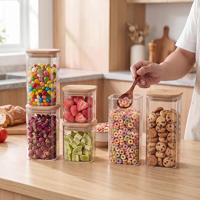 SENTVEND 24 Oz/ 37 Oz/ 51 Oz Glass Storage Jars with Bamboo Lids - 6 Pack Clear Glass Canisters Square Airtight Stackable Ideal for Pantry Storage Containers Great for Cereal Coffee Beans Snacks etc