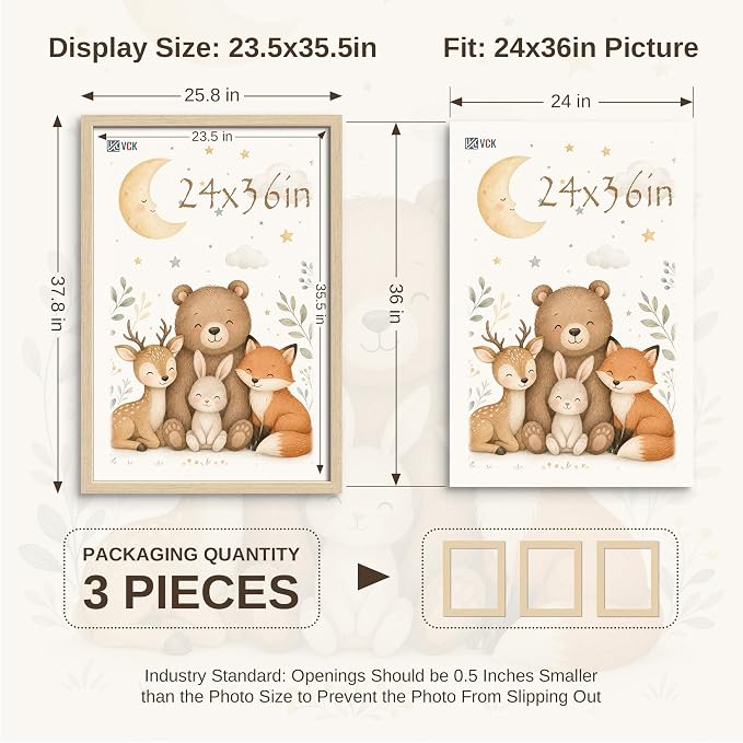 VCK 24x36 Poster Frame 3 Pack - Natural Oak Solid Wood, Exclusive Wood Grain Picture Frames, Wall Hanging
