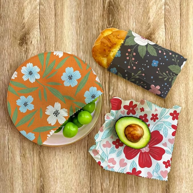 Reusable Beeswax Wraps, 9 Pack Eco-Friendly Food Storage, Organic, Sustainable, Zero Waste, Plastic-Free, For Sandwich, Snack, Bowl, Bread, Fruit, 1XL, 3M, 5S, Assorted Floral Patterns