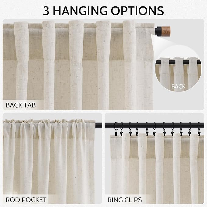 Warm Beige Linen Curtains 90 Inch Long 2 Panels Set for Bedroom Living Room Linen Textured Window Drapes Semi Sheer Light Filtering Rod Pocket Back Tab Cotton Textured Farmhouse Curtain 52x90